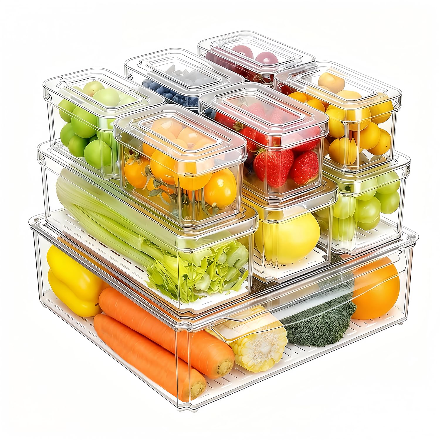Food Storage Stackable Containers - 14개입 냉장고 정리함, 뚜껑이 있는 쌓을